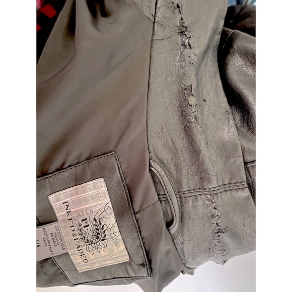Inked & Faded Faux Leather Button Up Bomber Jacket with Knit Inner Sleeves  - L - Picture 11 of 11
